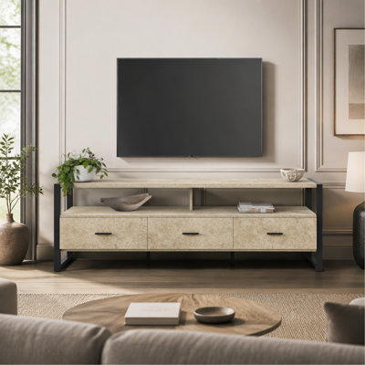 Meuble télé de 72 pouces, centre multimédia, tiroirs de rangement, stratifié couleur crème, métal noir, style contemporain et moderne