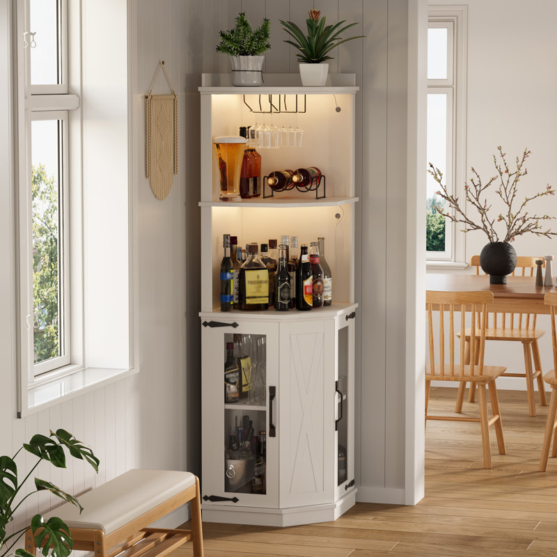 67.3'' Tall Wooden Corner Wine Bar Cabinet With Power Outlet, Open Shelf, Adjustable Shelves, Lights And Glass Rack