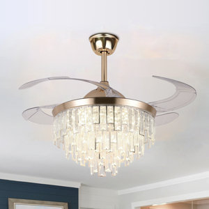 42" 4 - Blade Gold Retractable Blade Chandelier Ceiling Fan With Remote Control And Light Kit Included, Crystal Decorated Ceiling Fan