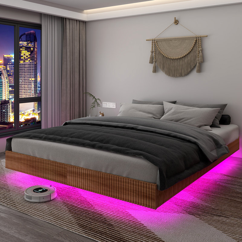 Floating Bed Frame with LED Lights, Fluted Mid Century Modern Floating Platform Bed No Box Spring Needed, Full