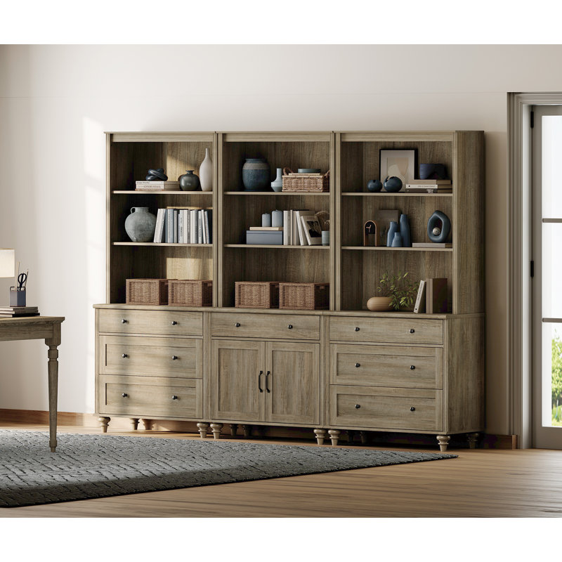 72.1"H X 101.6"W 3-Tier Bookcase With 7 Drawers And 2 Doors, Set Of 3 Bookcases Farmhouse Bookshelves For Living Room Bedroom Home Office Kitchen, Wash Gray