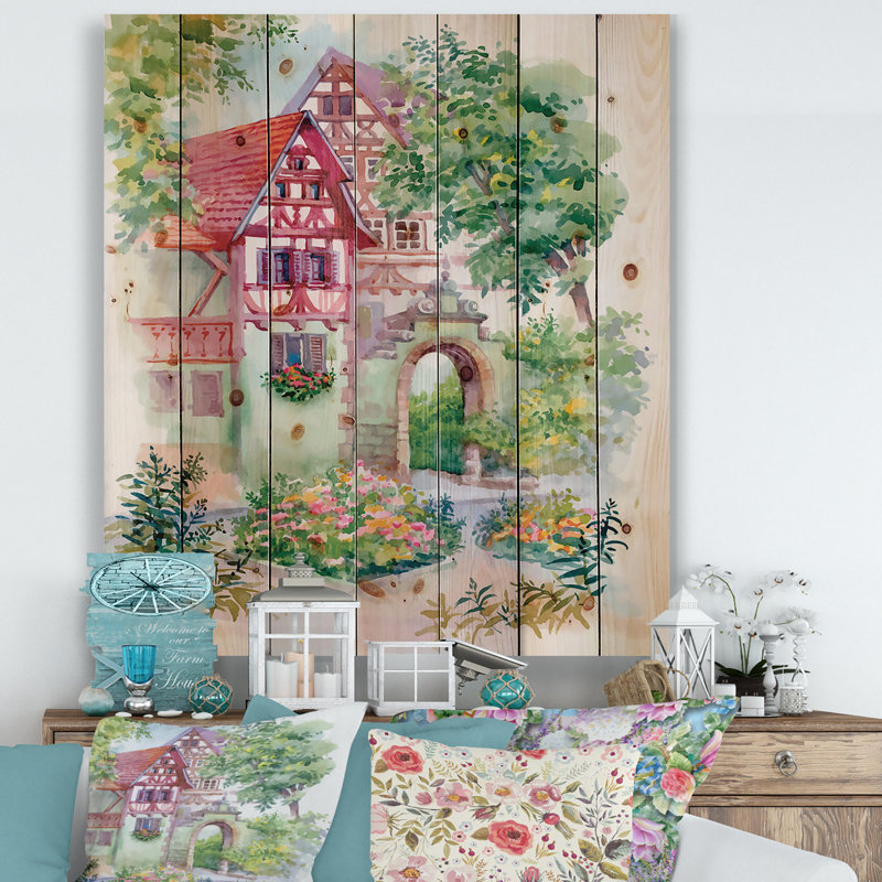 Red Rustic House In The Country Side On Wood Painting