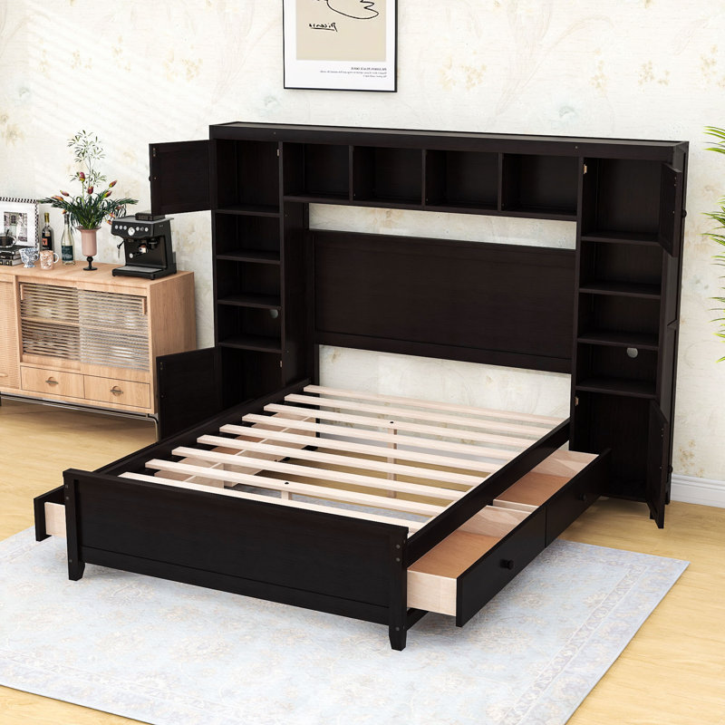 Lit plateforme double en bois avec tablettes, tiroirs et armoires de rangement intégrés, Espresso