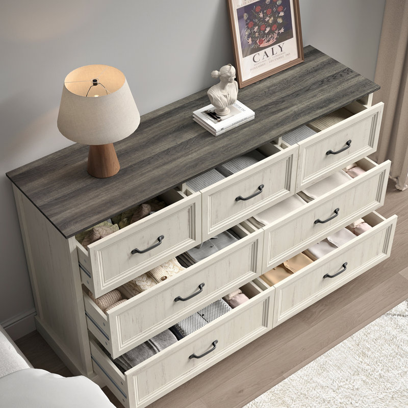 Commode 7 tiroirs pour chambre à coucher l 55 po, Blanc / Brun
