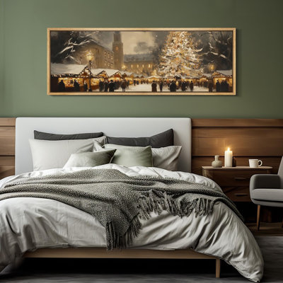 Christmas Holiday Celebration Winter City Scene Christmas Tree Landscape Vintage Artwork, Nostalgic Festive Holiday Scene Wall Pictures, Giclee Canvas Digital Print Extra Large Framed Wall Art