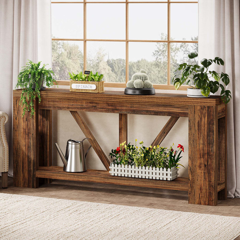 70.9-Inch Wood Console Entryway Table, 2-Tier Long Sofa Table, Dark Brown Wood