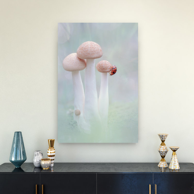 Ladybug Mushroom Climb Delicate Peaceful Serene Ladybug Forest Nature Wall Art Print 1 Piece Wrapped Canvas Wall Art