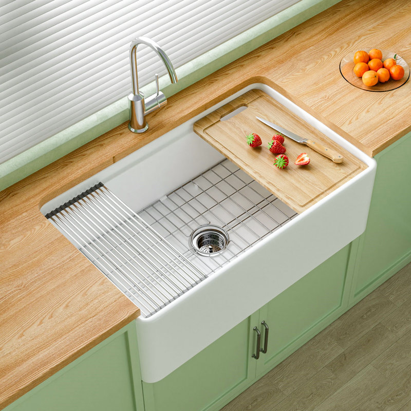 33" L x 20" W Fireclay Apron Front Farmhouse Workstation Sink for Kitchen, Single Bowl White Farm Sink, Included 4 Custom Accessories