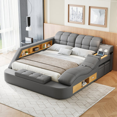 Multi-Functional Bed, Solid Wood Frame and Faux Leather Upholstery, Remote-Controlled Massage Recliner on the Right, Modern LED Lights, Bluetooth Speakers, USB Charging Ports, Adjustable Backrest