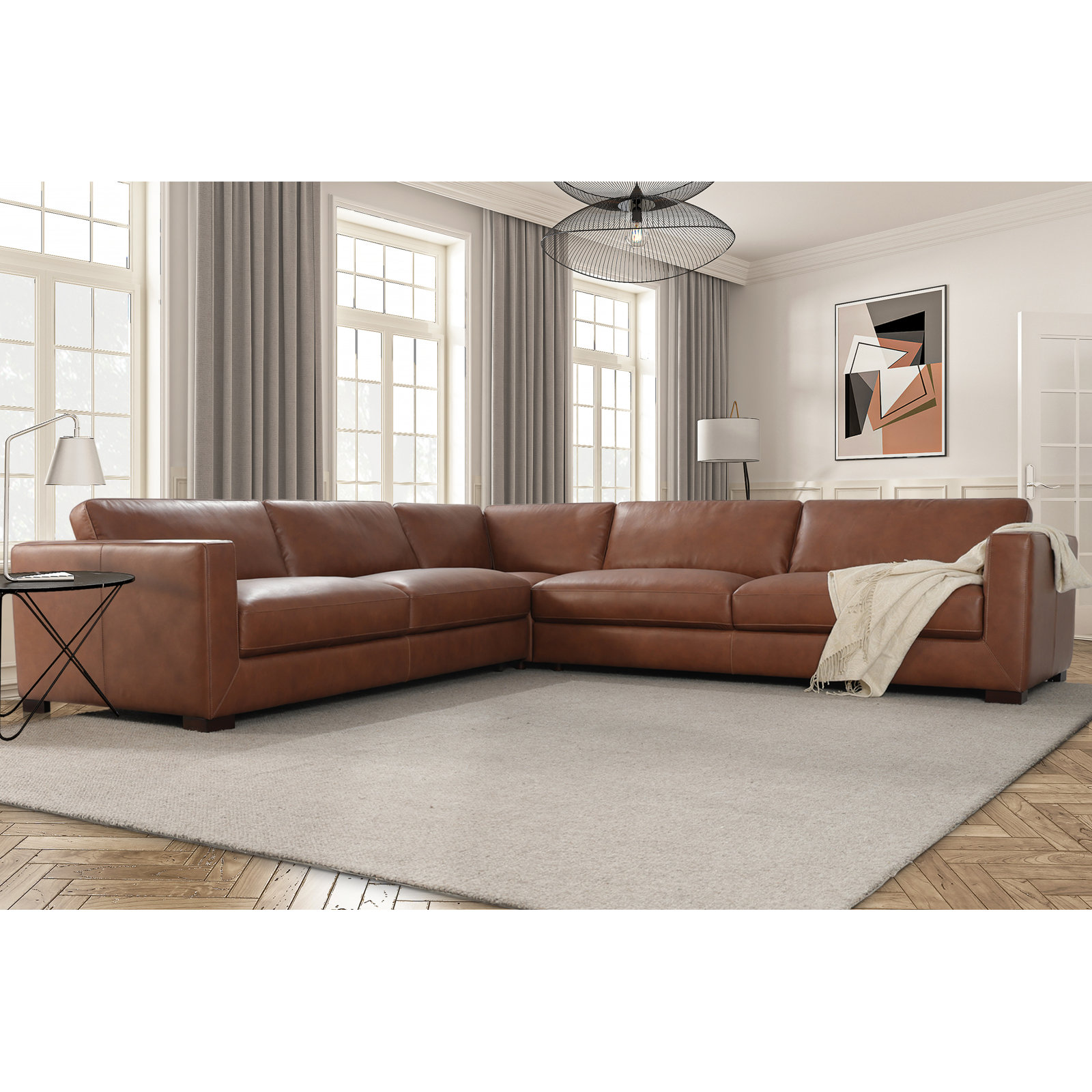 Effa Winsor Genuine Leather Square Arm 3 Piece Sectional