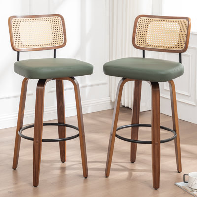 Cane Back Swivel Counter Stools with Faux Leather Seat