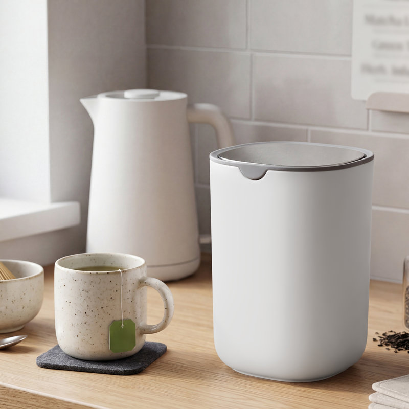 Mini Desk Trash Can with Stainless Steel Swing Lid, Odor-Proof Small Wastebasket, 0.4 Gal., White and Silver, White
