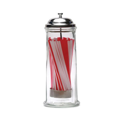 Clear Glass Straw Holder With Chrome Color Lid /Straws Included