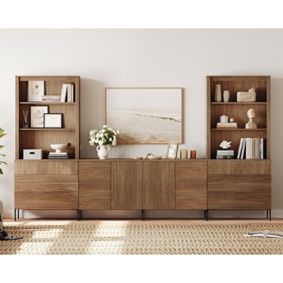 71"H X 126"W Tall Fluted Bookshelf With 6 Drawers And 4 Doors, Modern 10-Tier Bookcase With Open Storage, Large Wood Display Cabinet For Living Room Bedroom Home Office Kitchen
