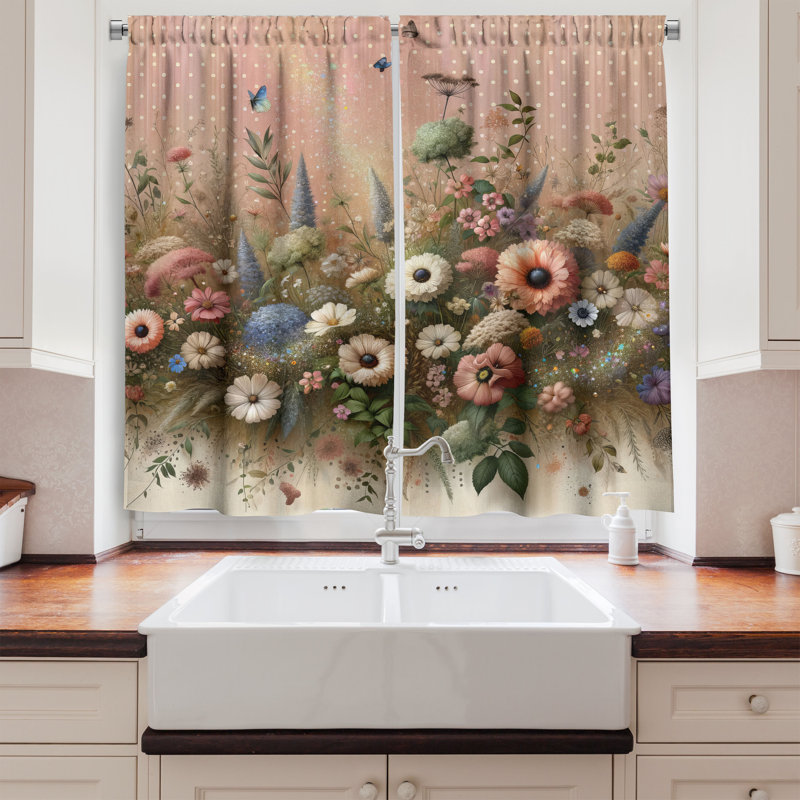 Floral Eucalyptus Rose and Olive Green Kitchen Window Curtains