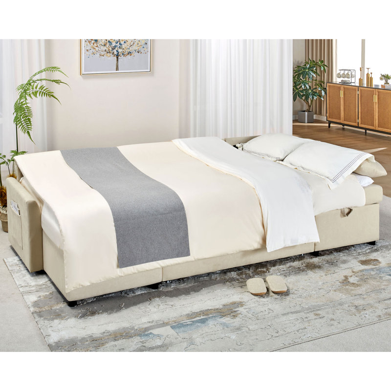 110-Inch Beige Chenille Sectional Sleeper Sofa with Storage Chaise