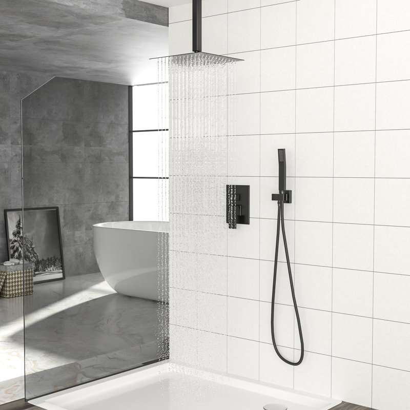10 Inch Square Ceiling Mount Shower With Dual Heads, Matte Black Finish, - Balanced Valve, 360 Adjustable Rainfall, And Easy To Clean Nozzle Function Mounted Scald All Necessary Components