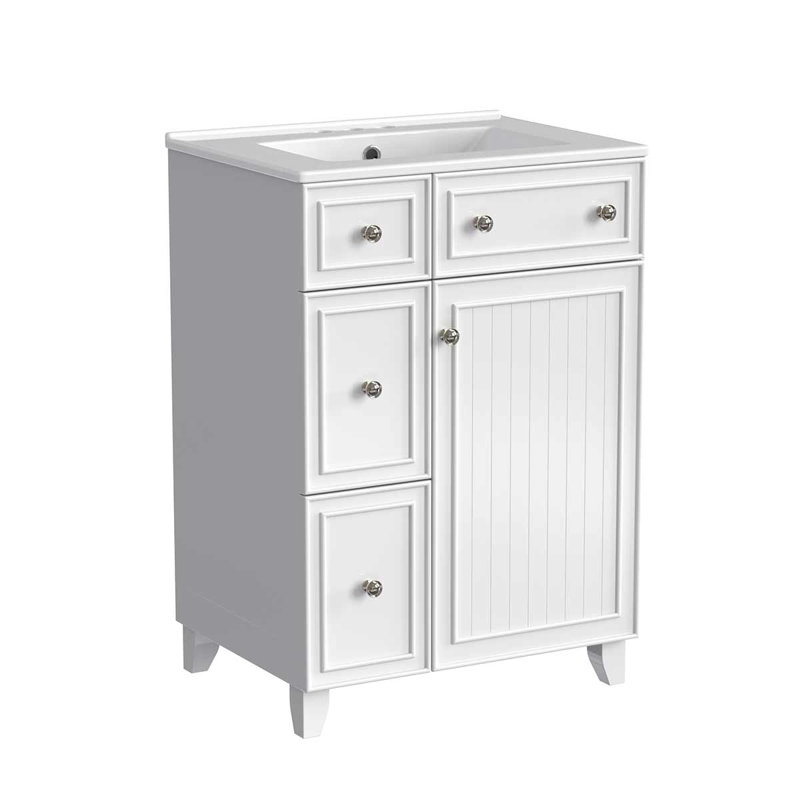 Armoire de meuble-lavabo 24 po avec lavabo en céramique à 2 tiroirs et 1 porte, Blanc