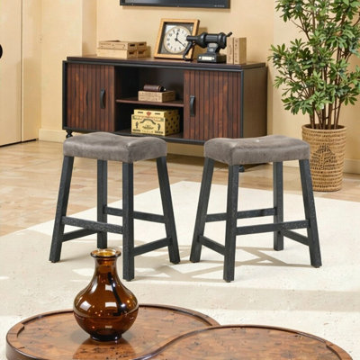 Set Of 2 Backless Wooden Counter Stools 25-Inch Height With Faux Leather Seat Farmhouse Style