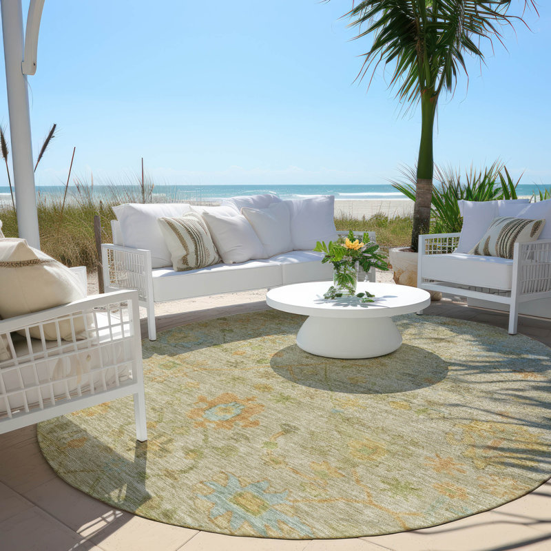 Machine Washable Indoor/Outdoor Xhevrie Khaki Rug, Round 8'