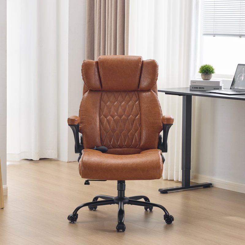 Fauteuil de bureau ergonomique, fauteuil de direction avec accoudoirs rabattables en cuir brun, Brun