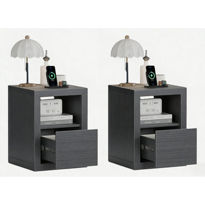 Table de chevet, ensemble de 2 avec station de charge cachée, table de chevet étroite avec 2 prises de courant, ports USB et de type C, tiroir et tablette ouverte, table de bout à grain de bois pour les petits espaces de chambre à coucher (noir, l 15,98 po)