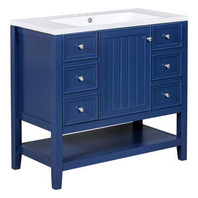 Ensemble de meuble-lavabo 36 po avec lavabo, une armoire et trois tiroirs, bois massif et panneau de fibres à densité moyenne