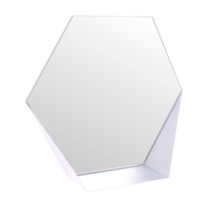 Metal Flat Wall Mirror with Shelves, White
