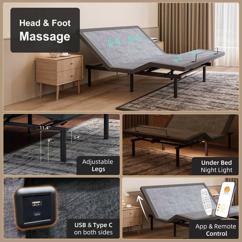 King Adjustable Bed Frame with Wireless Remote & Massage, Head and Foot Incline, USB & Type C Ports on both sides, Zero Gravity, Underbed light, 5 Min Easy Assembly