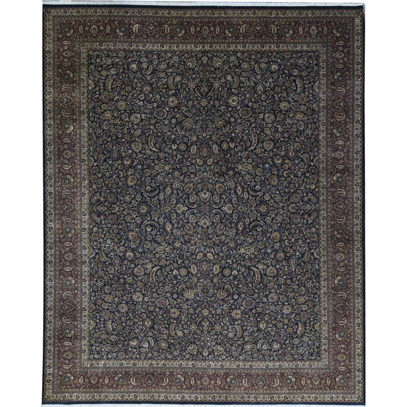 Tapis bleu marine et beige noué à la main de haute qualité