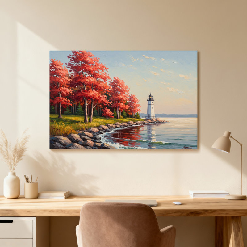 Plantes et fleurs, arbres d'automne, phare, roches d'eau, reflet du ciel, H 12 po x l 18 po, Toile tendue, Ne s’applique pas