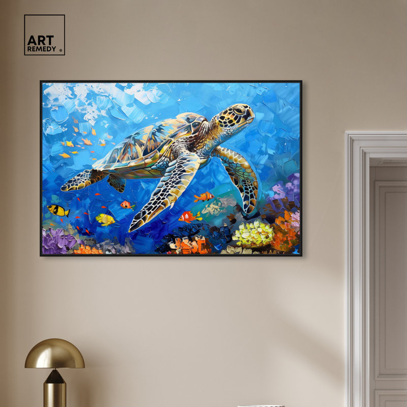 Colorful Coastal Turtle Swimming Canvas Wall Art in Black Frame