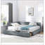 Lit double capitonné avec rangement, dossier, accoudoirs et revêtement en velours gris, au design confortable comme un canapé.
