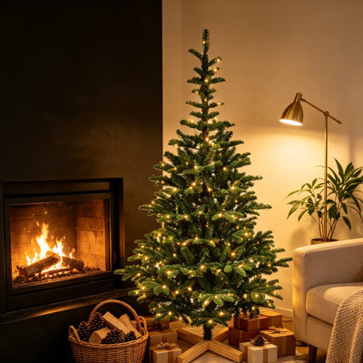 7FT Prelit Artificial Christmas Tree, Premium Douglas Fir Christmas Tree with 941 Branch Tips & 400 Warm White Lights, PE & PVC Pre Lit Hinged Xmas Tree with WOODEN Base for Party, Holiday Decoration