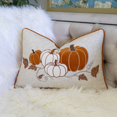 Coussin lombaire brodé citrouille - Coussin décoratif bleu brumeux d'automne