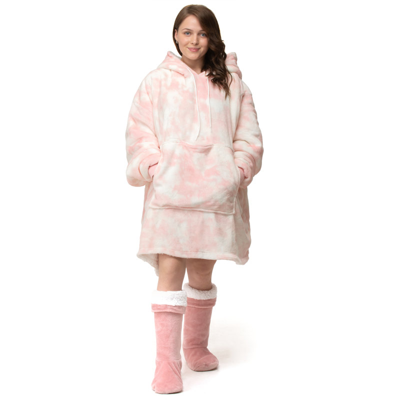 Imelde Snug Oversize Fun Print Hoodie Blanket Thermal Cozy with Pocket, Pink