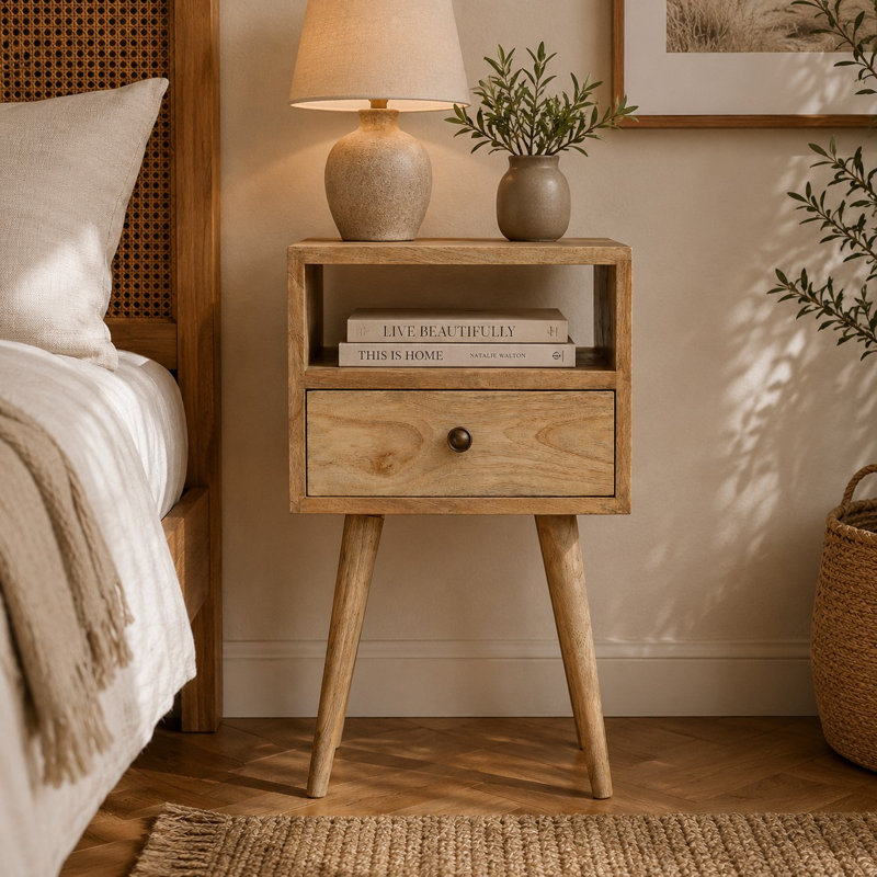 Fithian 30cm W Solid Wood Bedside Table, Oak