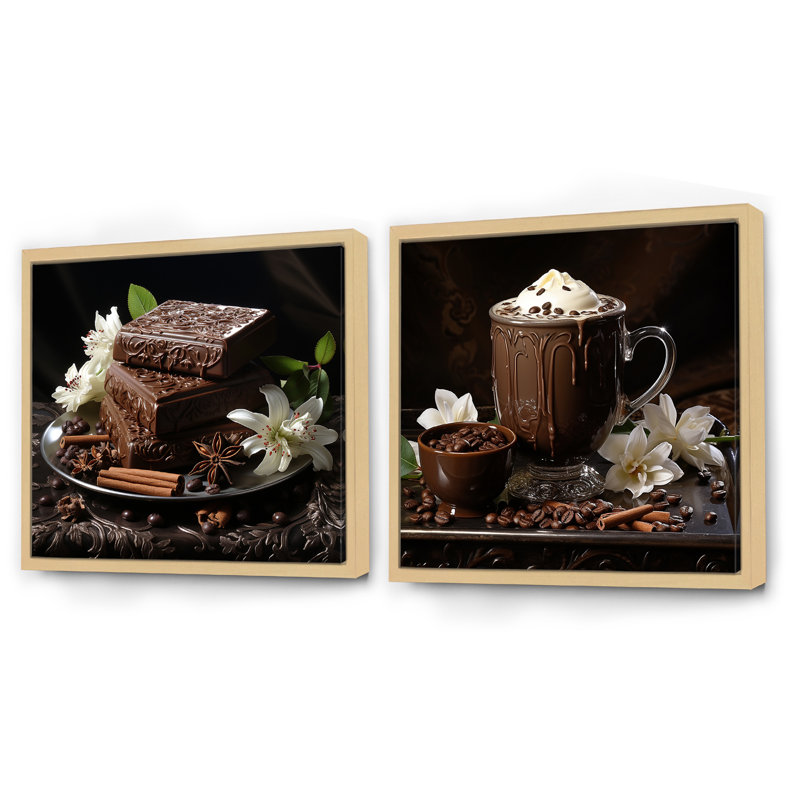 Cocoa Elegance Realism Expression - Ensemble de 2 collages carrés cacao, Cadre flottant brun, H 30 po x l 61 po