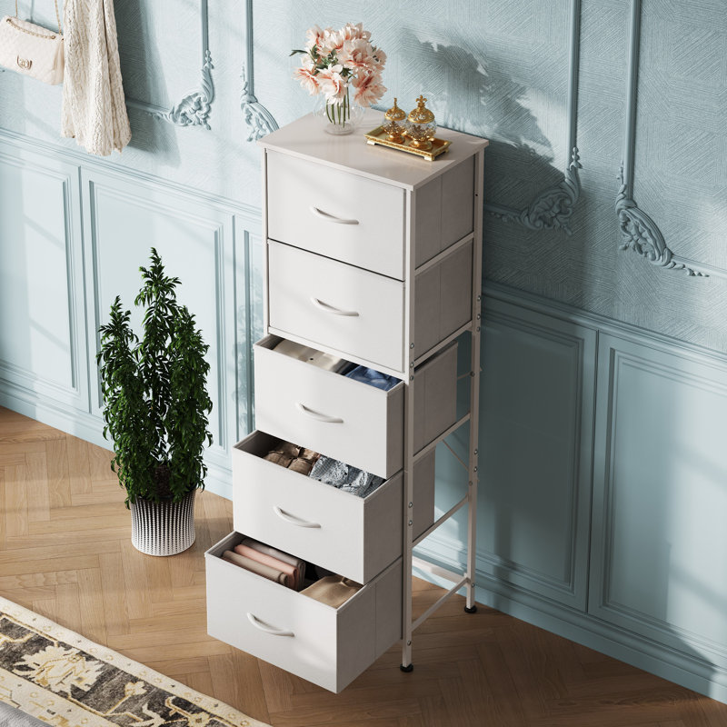 Ojaswi 5-Drawer Vertical Dresser with Wood Top for Bedroom, White Chest of Drawers with Strudy Steel Frame for Small Space, Storage Tower for Closet, Hallway