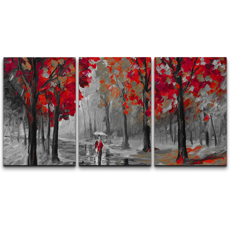 Moody femme rouge foncé qui marche dans la forêt, art abstrait aquarelle, nature, moderne, rustique, H 24 po x l 48 po