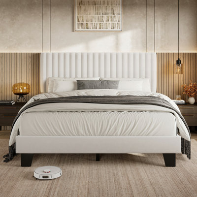  Full Size Bed Frame, Upholstered Linen Platform Bed Frame With Fabric Headboard,solid Wood Slats Support,noise Free,no Box Spring,easy Assembly,white