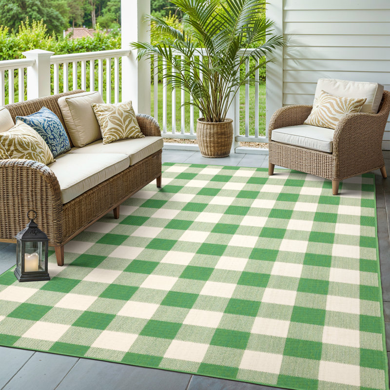 Mac Plaid Indoor / Outdoor Area Rug, Round 7'10", Green/Ivory