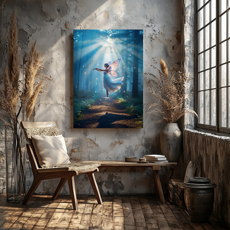 Toile, une fée fantaisiste flottant gracieusement dans un soleil, art mural enchanté, forêt, ses délicates ailes translucides chatoyantes sur toile