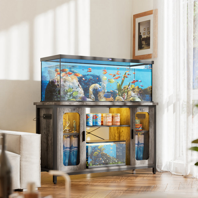 Support d'aquarium 55 à 75 gallons avec lumières DEL et armoire, Gris
