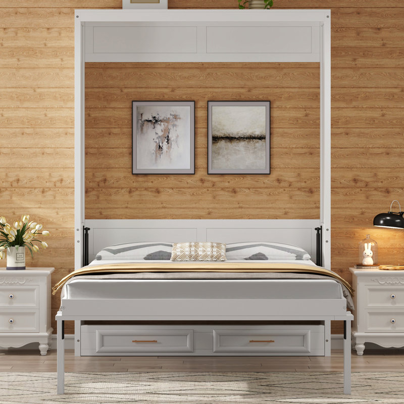 Lit escamotable double avec 2 tiroirs, beige