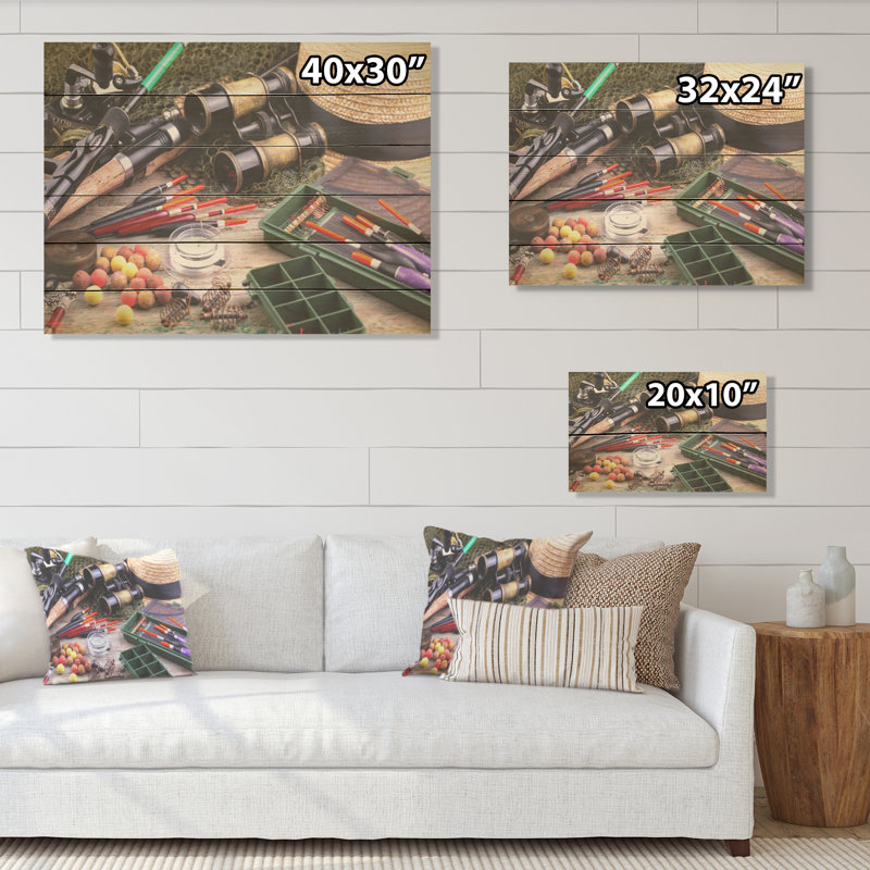 Fishing Supplies Layout - Hunting & Fishing Wood Panel Wall Art On Natural Pine Wood, 30" H x 40" W