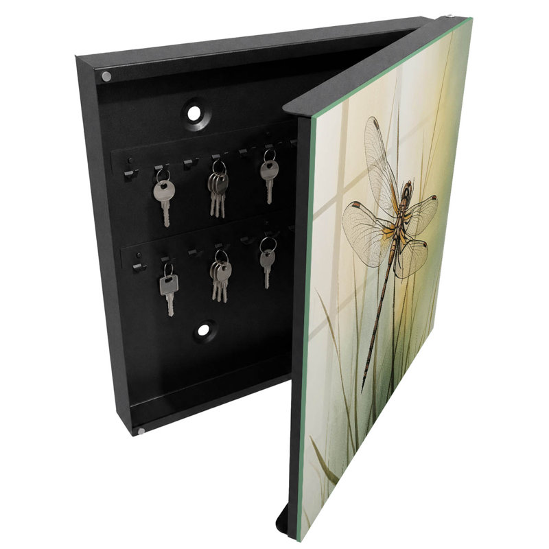 Decorative key box for wall, Opens to the left, 30x30x5, Black, Dragonfly on the grass background, natural elegance, 