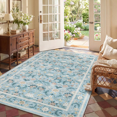 Tapis lavable rétro à motif floral vieilli 5 x 7 pour hall d'entrée de style oriental vieilli avec envers antidérapant et résistant aux taches