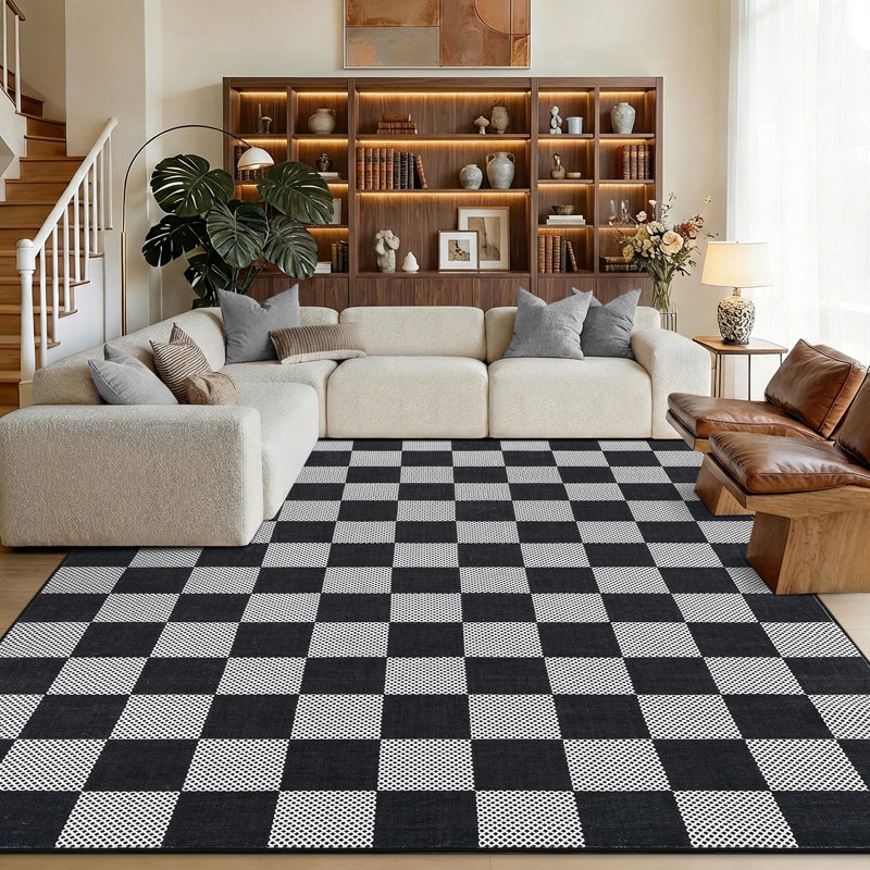 Tapis multicolore à carreaux lavable avec envers antidérapant, Noir, 9 x 12 pi