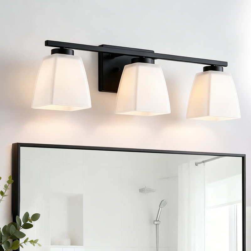 Éclairage pour meuble-lavabo moderne carré blanc en verre, Noir mat, 3 lumières